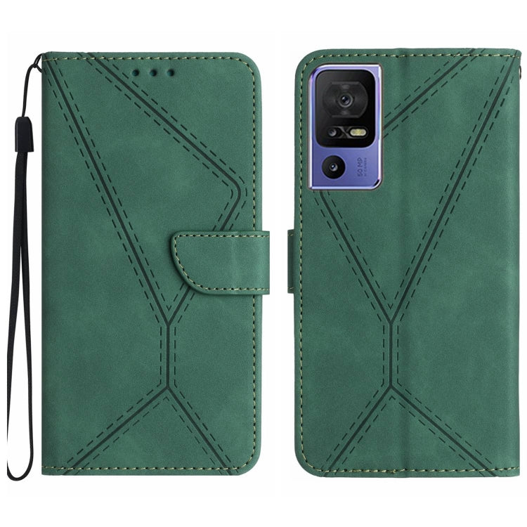 Green embossed leather phone case with stitched geometric pattern, front folio flap, camera cutout