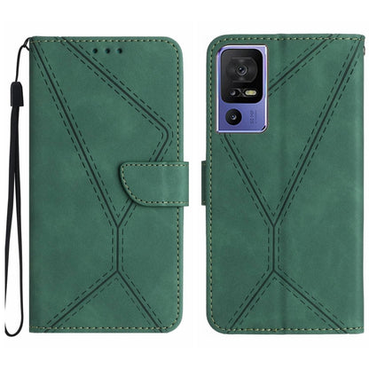 Green embossed leather phone case with stitched geometric pattern, front folio flap, camera cutout