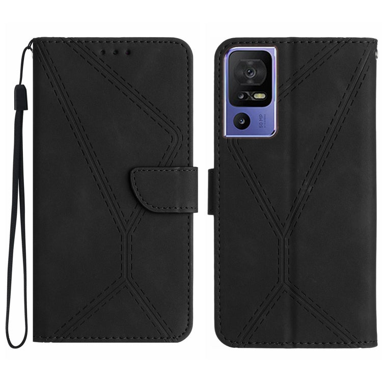 Black embossed leather phone case with stitched geometric pattern, front folio flap, camera cutout