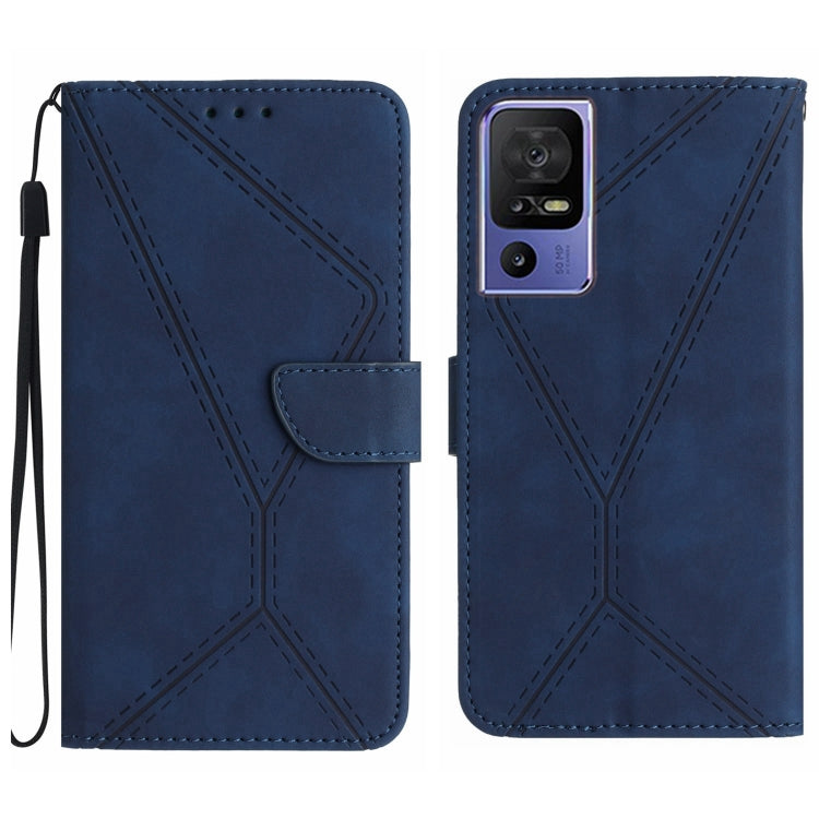Blue embossed leather phone case with stitched geometric pattern, front folio flap, camera cutout
