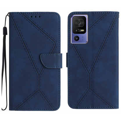 Blue embossed leather phone case with stitched geometric pattern, front folio flap, camera cutout