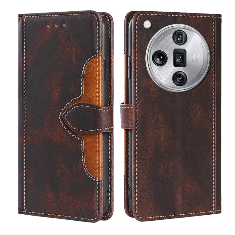 Brown magnetic flip leather phone case with orange card holder and camera cutout.