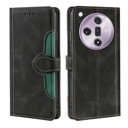 Black magnetic flip leather phone case with green card holder and stitched trim.
