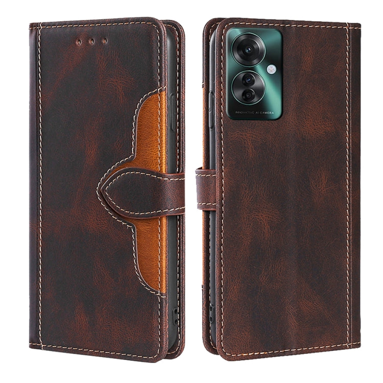 Brown leather-style flip phone case with magnetic buckle and orange inner pocket