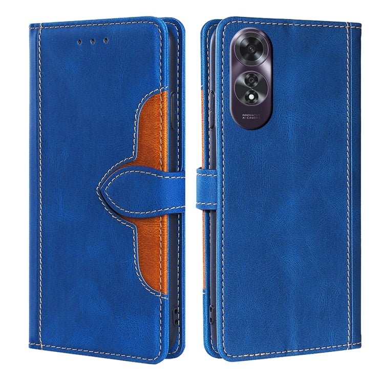 Blue leather-style flip phone case with magnetic buckle and orange inner pocket