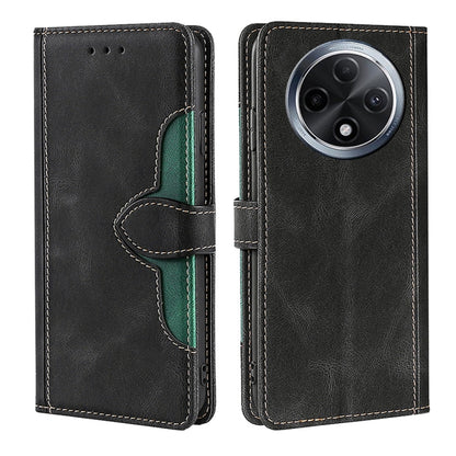 Black leather-style flip phone case with magnetic buckle and green inner pocket, camera cutout