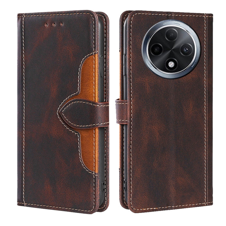 Brown leather-style flip phone case with magnetic buckle and orange inner pocket, camera cutout