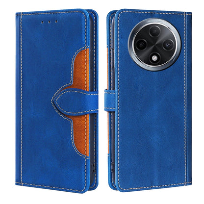 Blue leather-style flip phone case with magnetic buckle and orange inner pocket, camera cutout