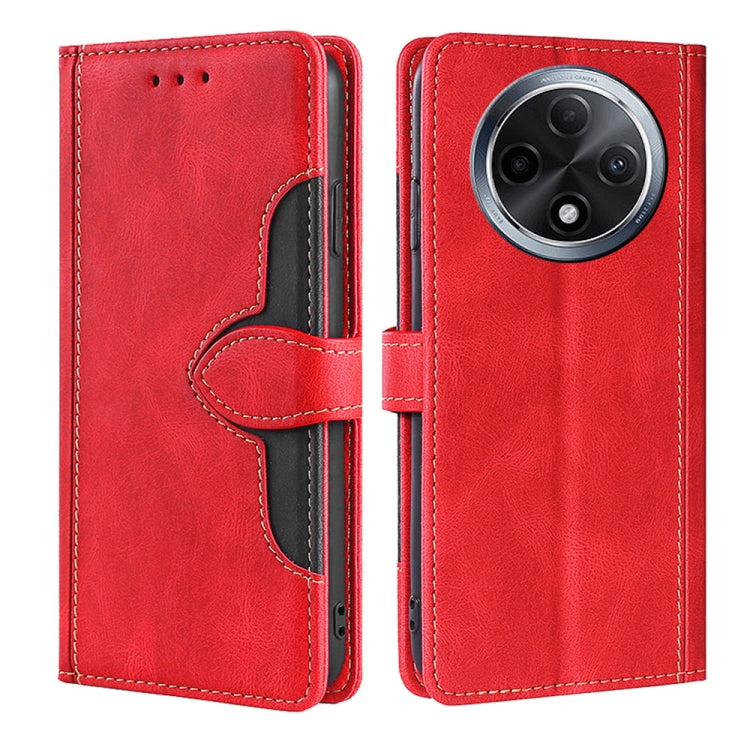 Red leather-style flip phone case with magnetic buckle and black inner pocket, camera cutout