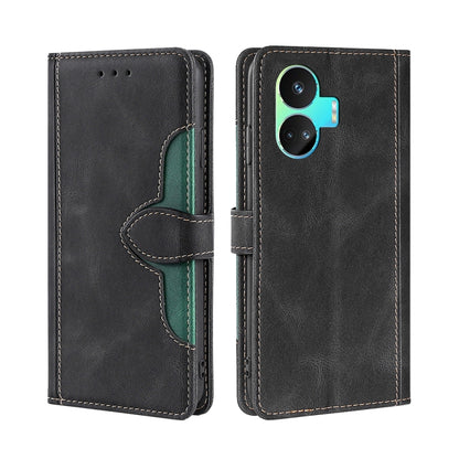 Black leather phone case with magnetic buckle, flip cover, teal trim, camera cutouts