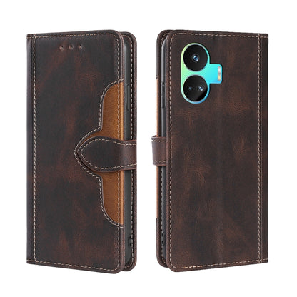 Brown leather phone case with magnetic buckle, flip cover, tan accents, camera cutouts