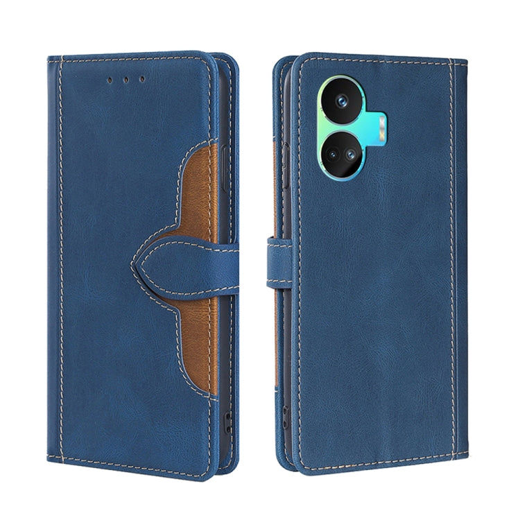Blue leather phone case with magnetic buckle, flip cover, tan spine, camera cutouts