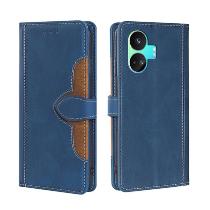 Blue leather phone case with magnetic buckle, flip cover, tan spine, camera cutouts