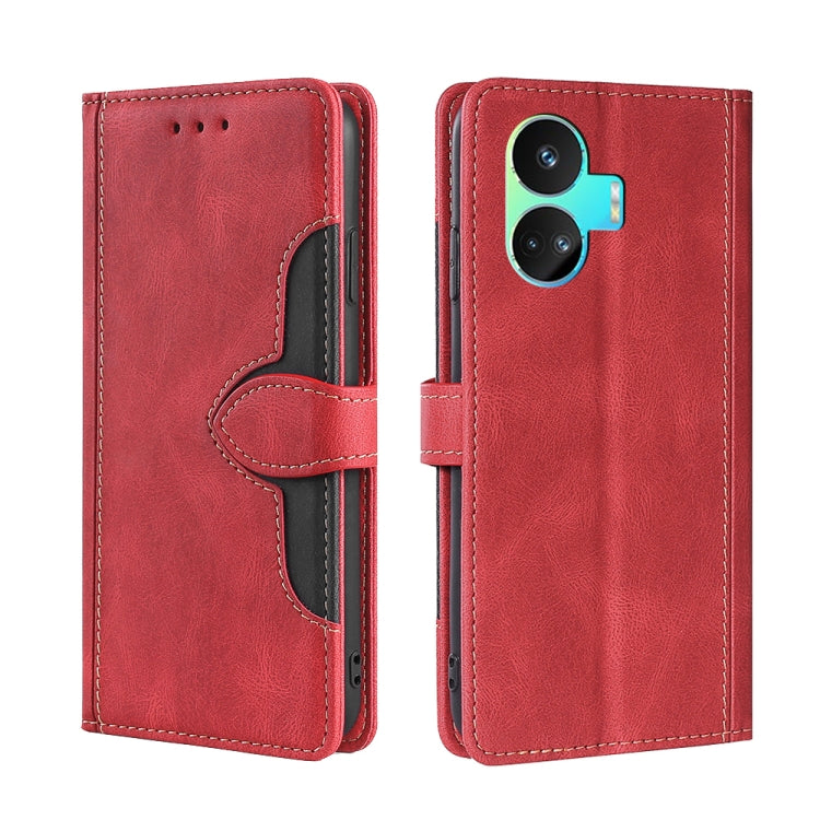 Red leather phone case with magnetic buckle, flip cover, black inner, camera cutouts
