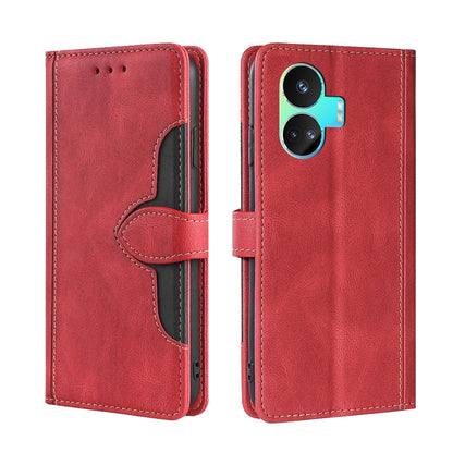 Red leather phone case with magnetic buckle, flip cover, black inner, camera cutouts