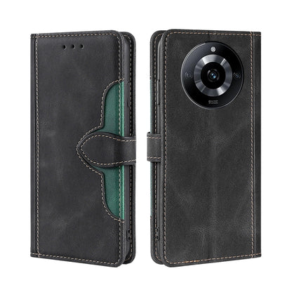 Magnetic buckle leather phone case, black folio with card slots and stitched green accents
