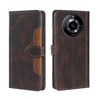 Magnetic buckle leather phone case, brown folio with card slots and stitched orange accents
