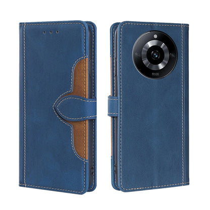 Blue magnetic buckle leather phone case with side flap and stitched card slots