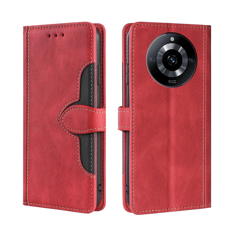 Red magnetic buckle leather phone case with side flap and stitched card slots