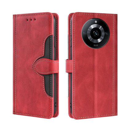 Red magnetic buckle leather phone case with side flap and stitched card slots