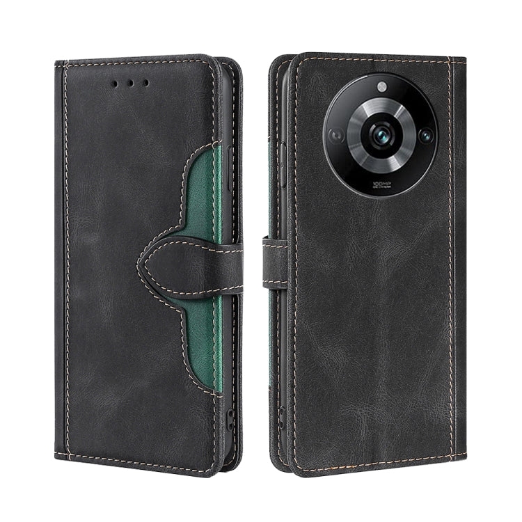 Black magnetic buckle leather phone case with side flap and stitched card slots