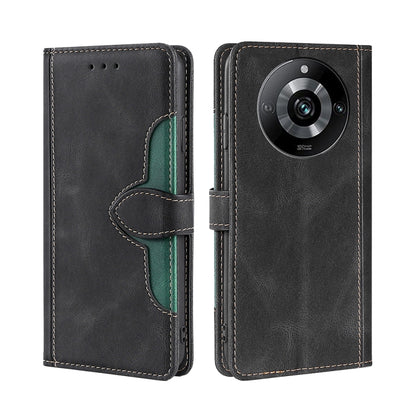 Black magnetic buckle leather phone case with side flap and stitched card slots
