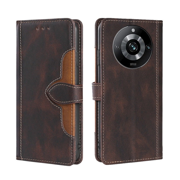 Brown magnetic buckle leather phone case with side flap and stitched card slots