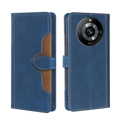Blue magnetic buckle leather phone case with side flap and camera cutout
