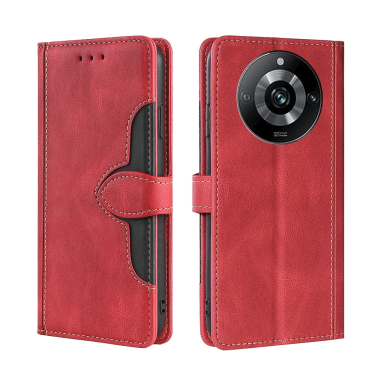 Red magnetic buckle leather phone case with side flap and camera cutout