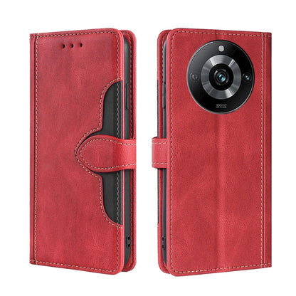 Red magnetic buckle leather phone case with side flap and camera cutout