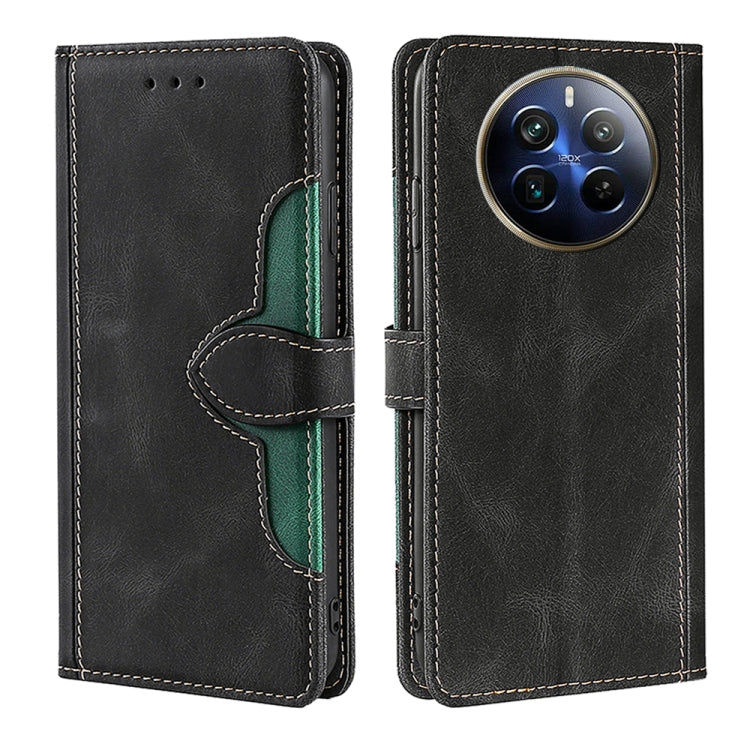 Magnetic buckle leather phone case, black folio with card slots and stitched green accents
