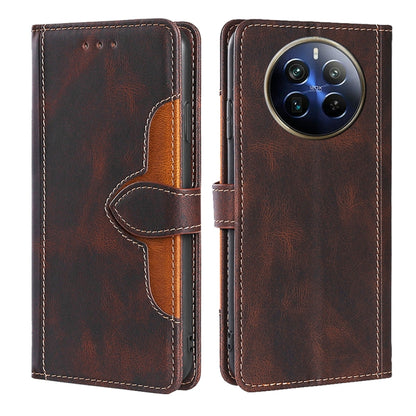 Magnetic buckle leather phone case, brown folio with card slots and stitched orange accents
