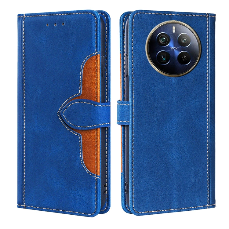Magnetic buckle leather phone case, blue folio with card slots and stitched orange accents