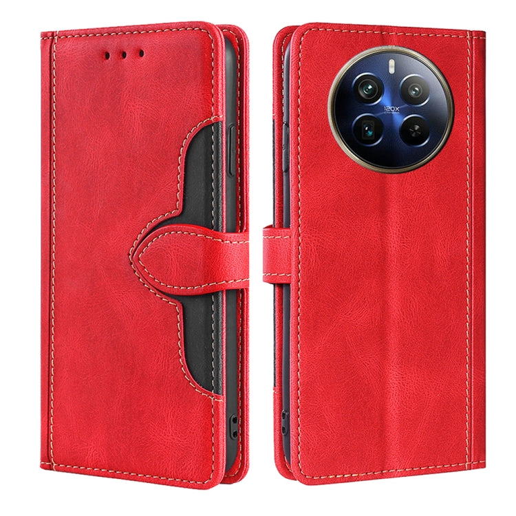 Magnetic buckle leather phone case, red folio with card slots and stitched dark inner accent
