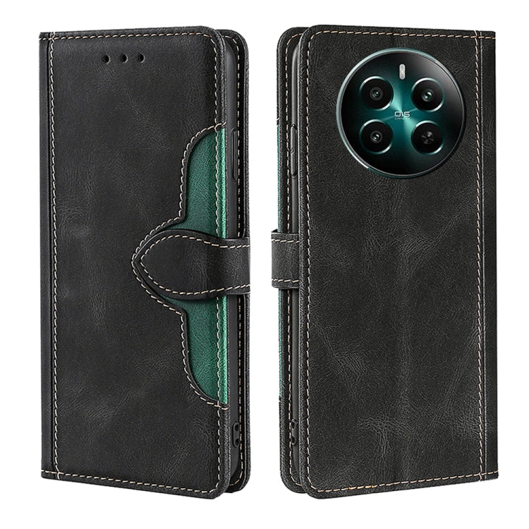 Magnetic leather phone case, black with green edge strap and stitched card holder flap