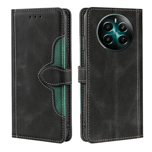 Magnetic leather phone case, black with green edge strap and stitched card holder flap
