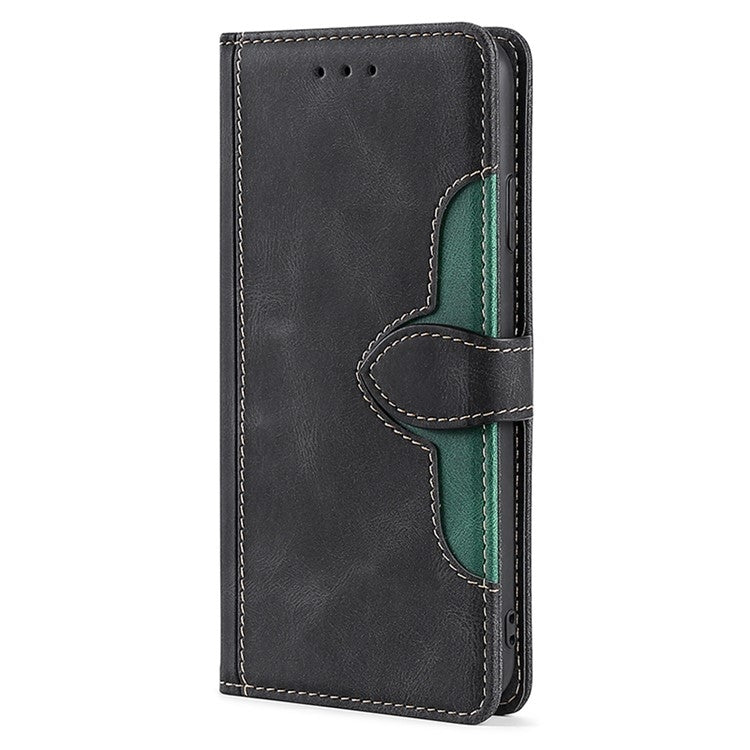 Magnetic leather phone case, black with green accent strap and side card pocket flap