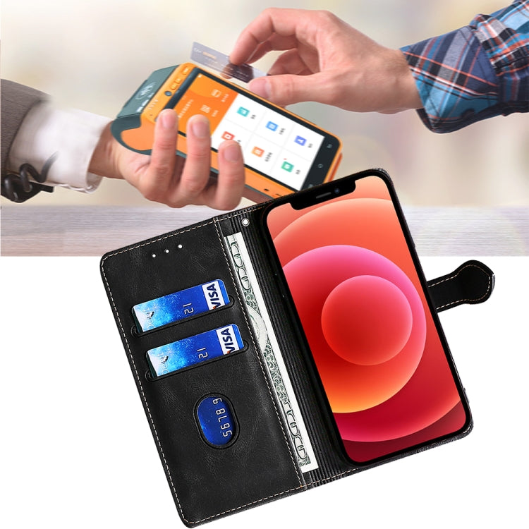 Magnetic leather phone case with card slots and foldable stand, black with green strap