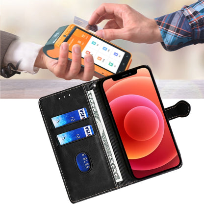 Magnetic leather phone case with card slots and foldable stand, black with green strap