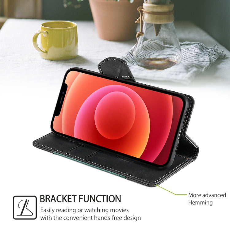 Magnetic leather phone case with foldable bracket stand, black leather with green strap