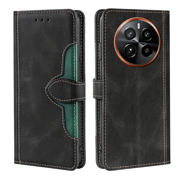 Magnetic buckle leather phone case, black folio with card slots and stitched orange camera ring