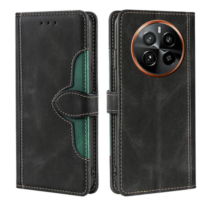 Magnetic buckle leather phone case, black folio with card slots and stitched orange camera ring