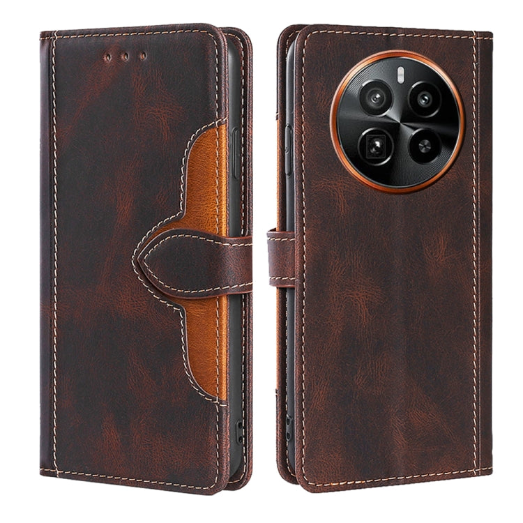 Magnetic buckle leather phone case, brown folio with card slots and stitched orange camera ring