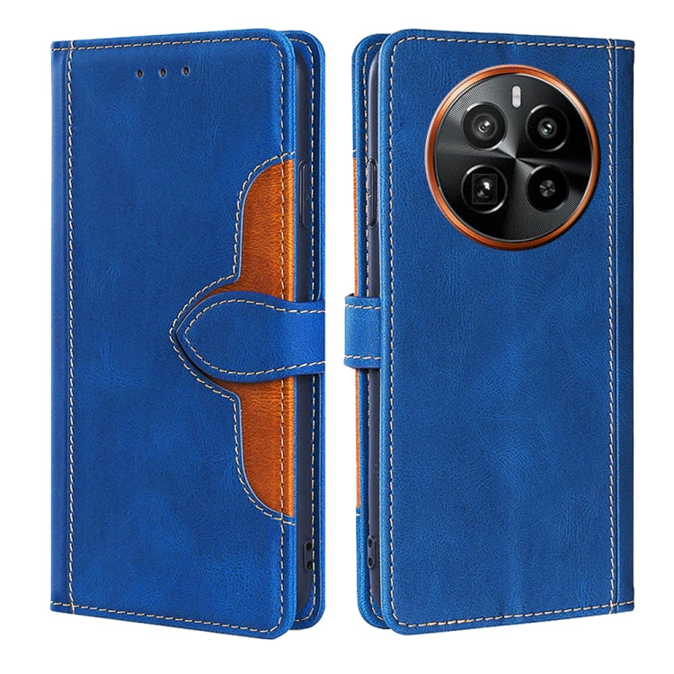 Magnetic buckle leather phone case, blue folio with card slots and stitched orange camera ring