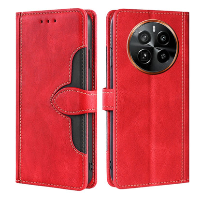 Magnetic buckle leather phone case, red folio with card slots and stitched orange camera ring