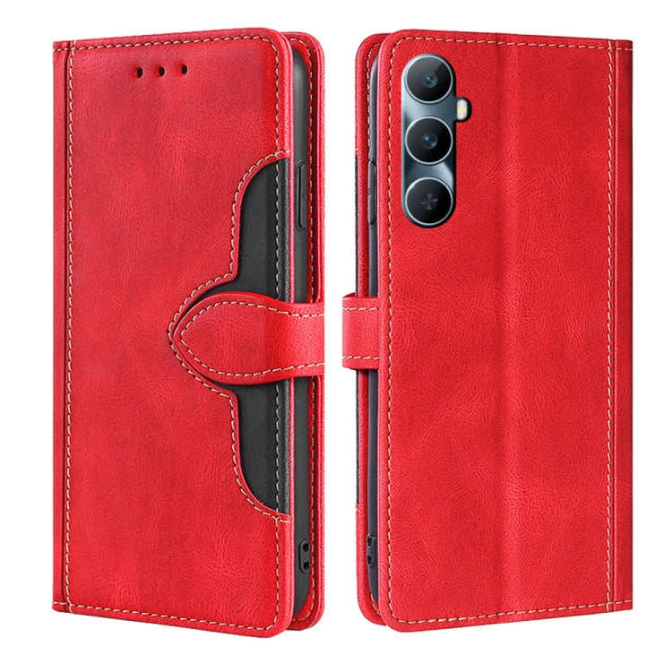 Red magnetic buckle leather phone case with side flap and camera cutout