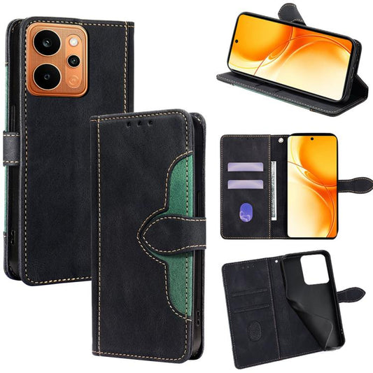 Magnetic buckle leather phone case, black with green stitching, folio wallet, card slots
