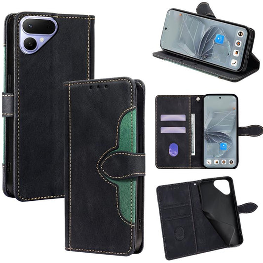 Black leather wallet phone case with magnetic buckle, green stitching and card slots