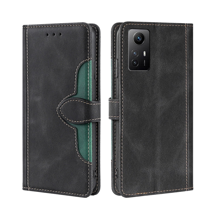 Black leather phone case with magnetic buckle and card slot, green accent stitching