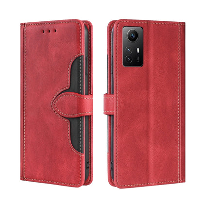 Red leather phone case with magnetic buckle and card slot, black lining and stitching